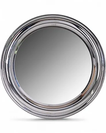 Specchio da parete rotondo in metallo cromato, anni '70