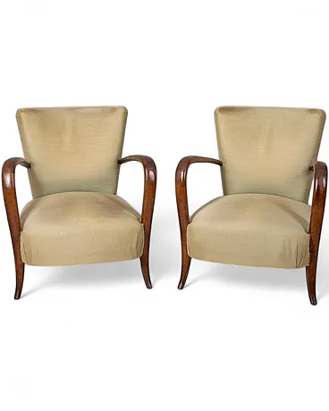 Coppia di poltrone in legno e tessuto, anni '50