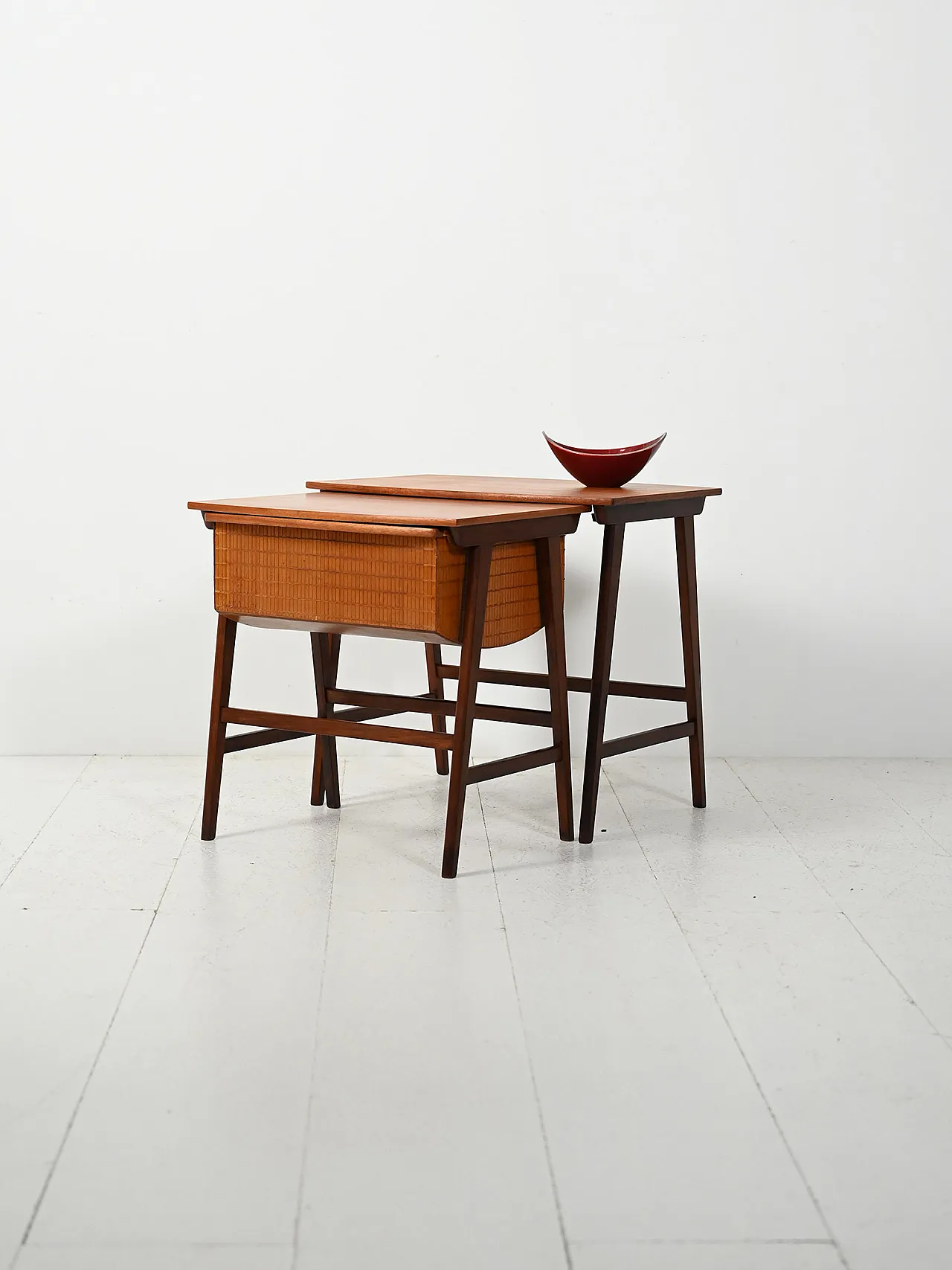 Pair of interlocking Scandinavian coffee tables with wool holder 1