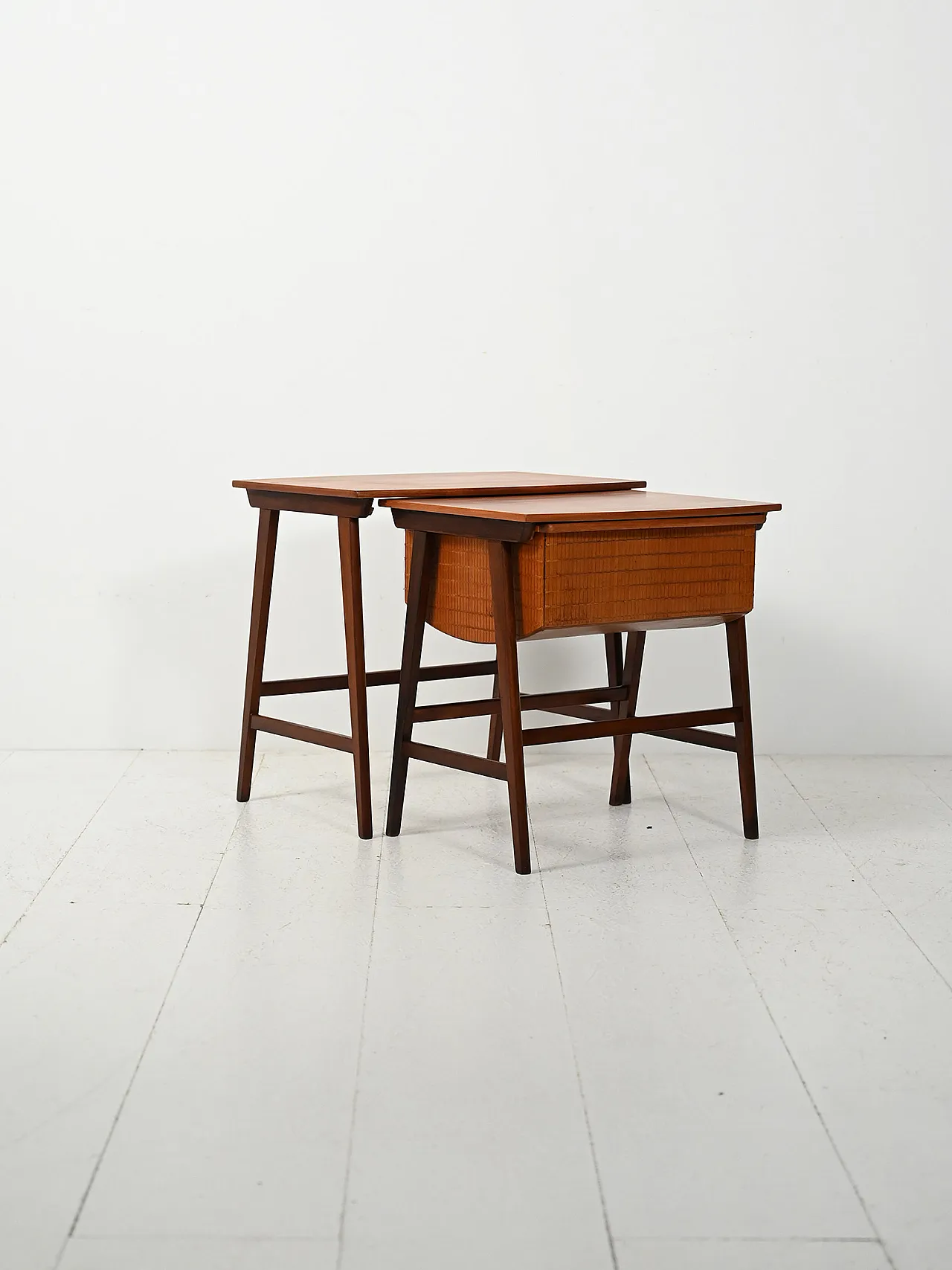 Pair of interlocking Scandinavian coffee tables with wool holder 3