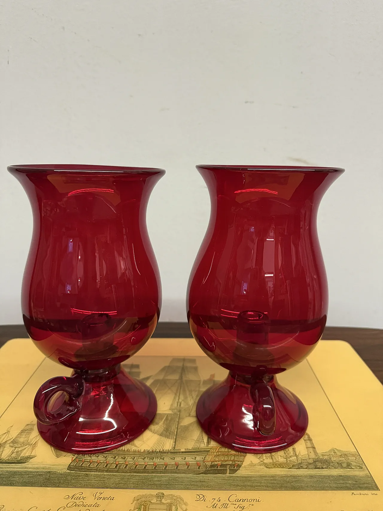 Pair of mid century Murano vases, ruby ​​red with candelabra, 50s 1