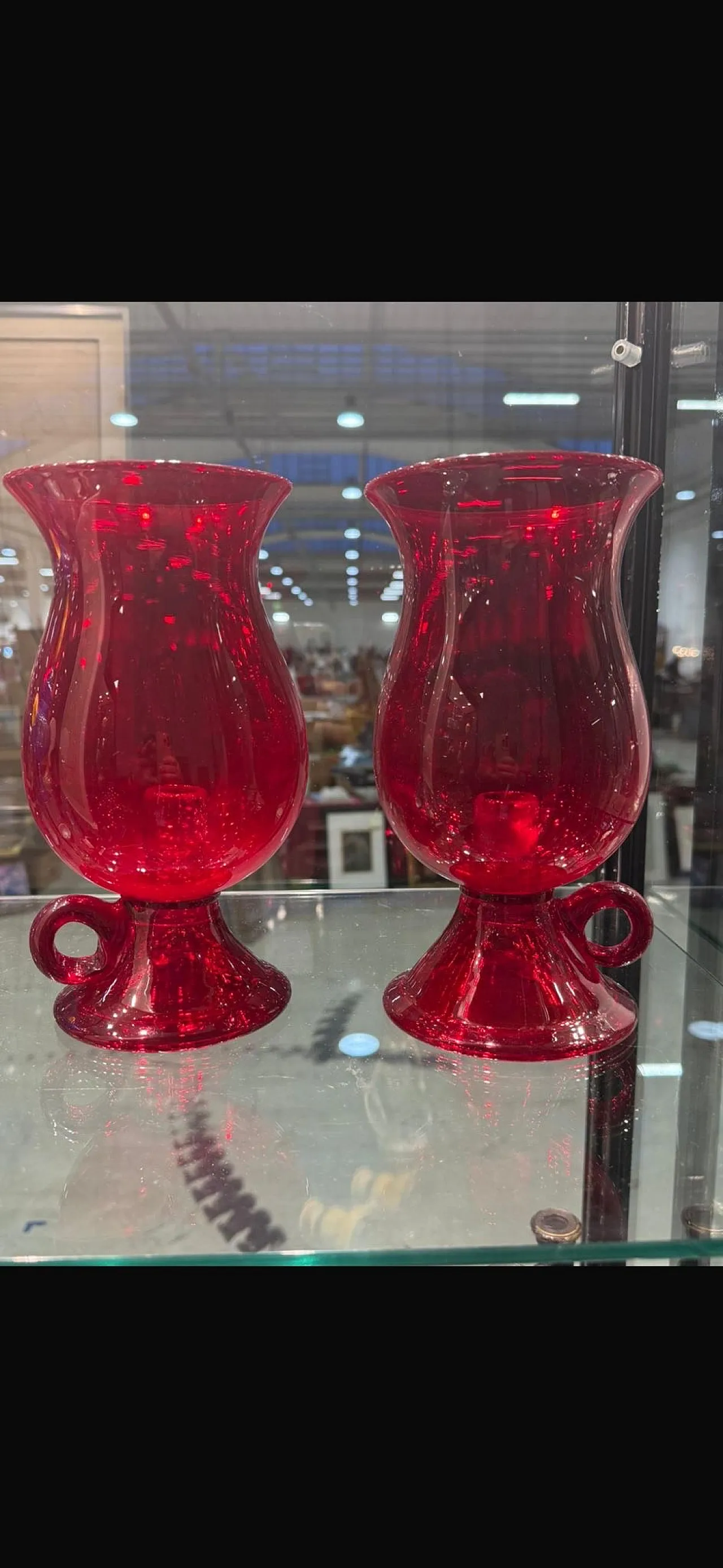 Pair of mid century Murano vases, ruby ​​red with candelabra, 50s 3
