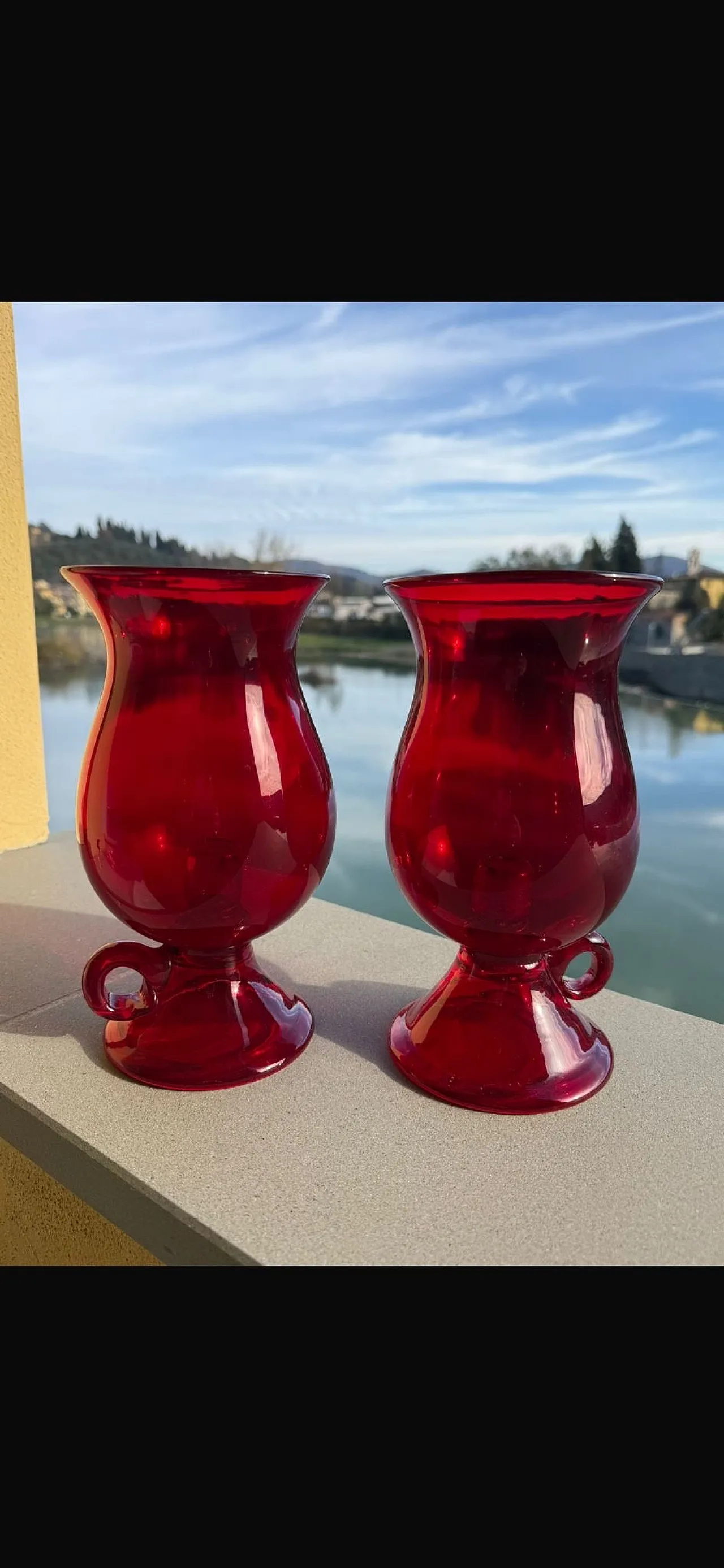 Pair of mid century Murano vases, ruby ​​red with candelabra, 50s 5