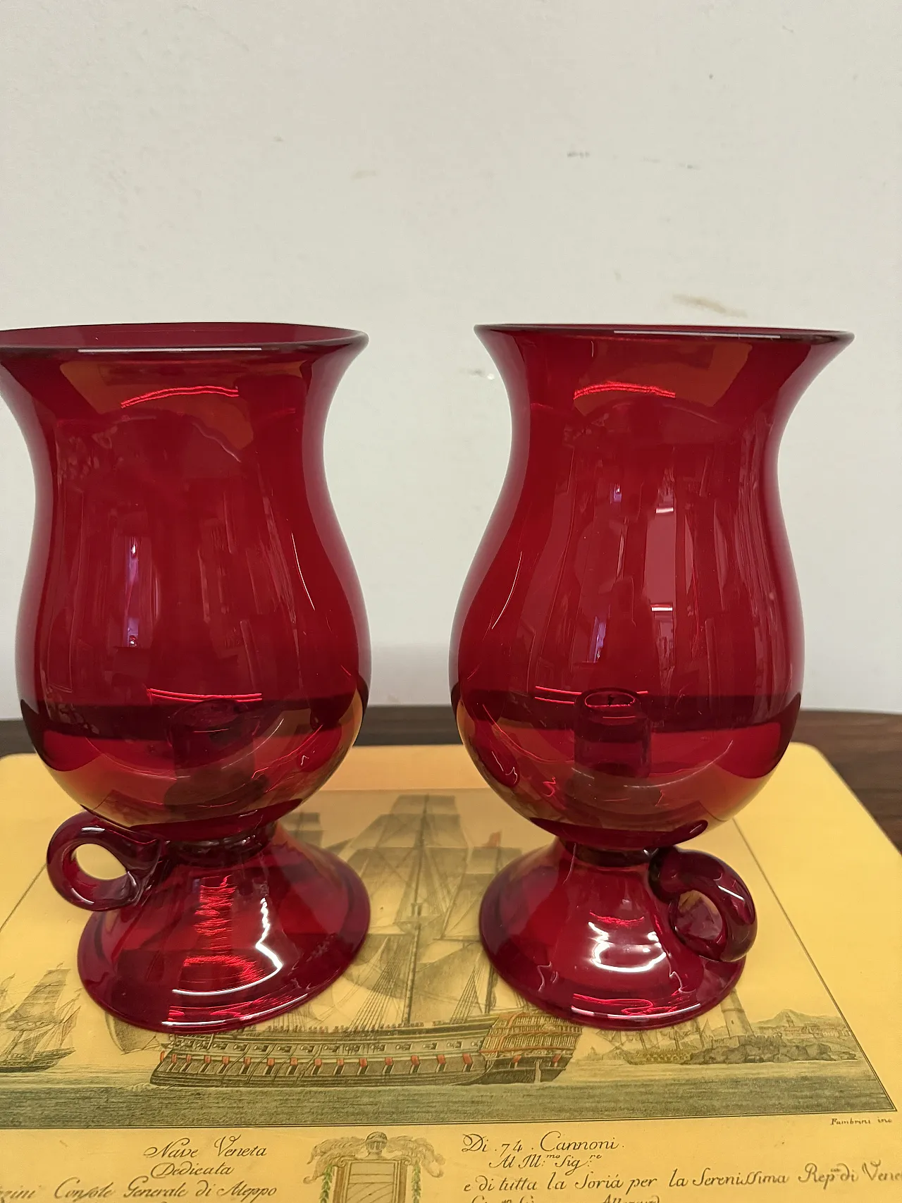 Pair of mid century Murano vases, ruby ​​red with candelabra, 50s 6