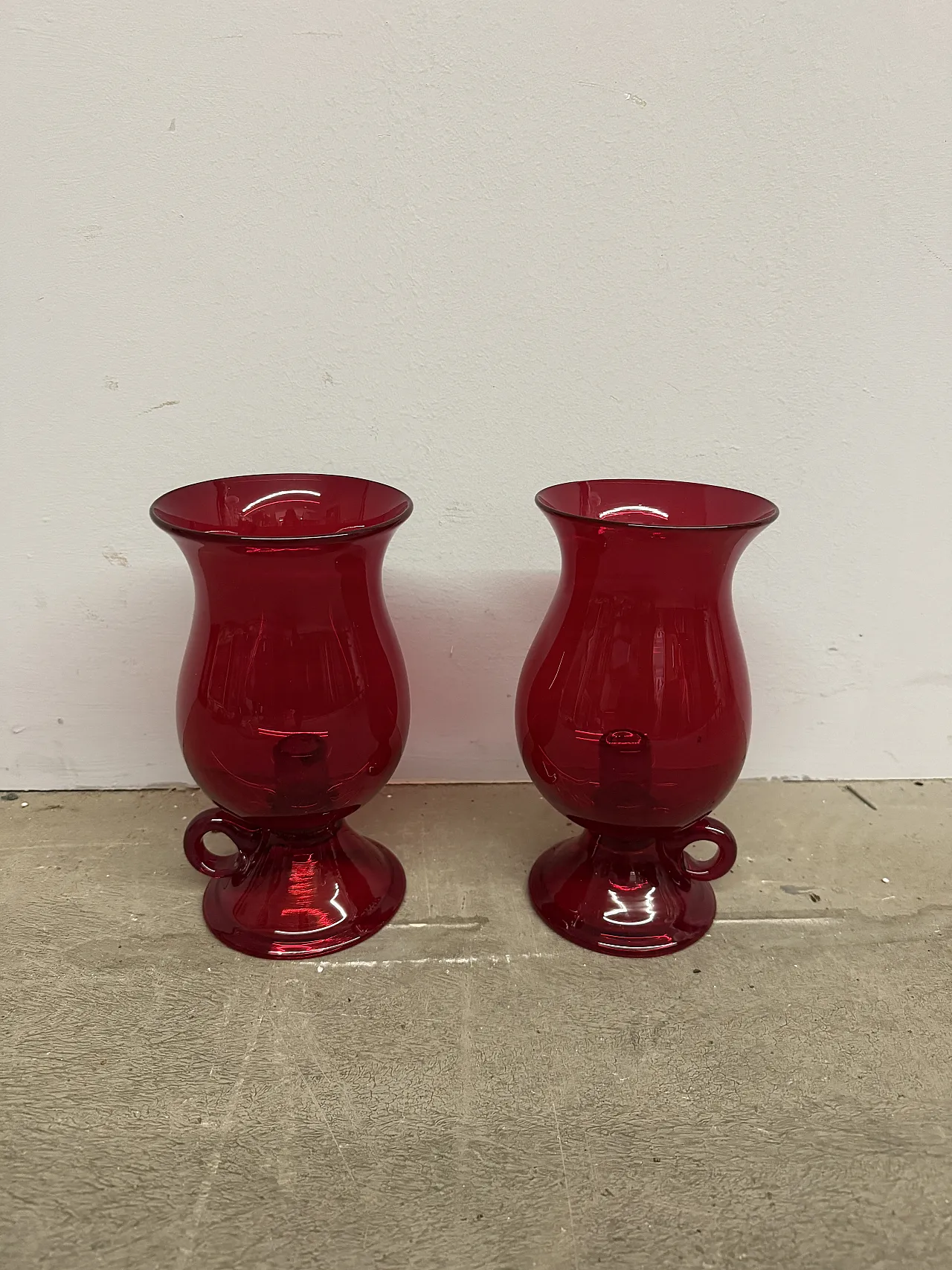 Pair of mid century Murano vases, ruby ​​red with candelabra, 50s 7