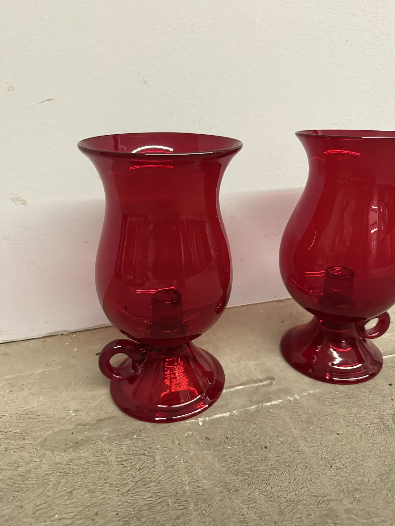 Pair of mid century Murano vases, ruby ​​red with candelabra, 50s 8