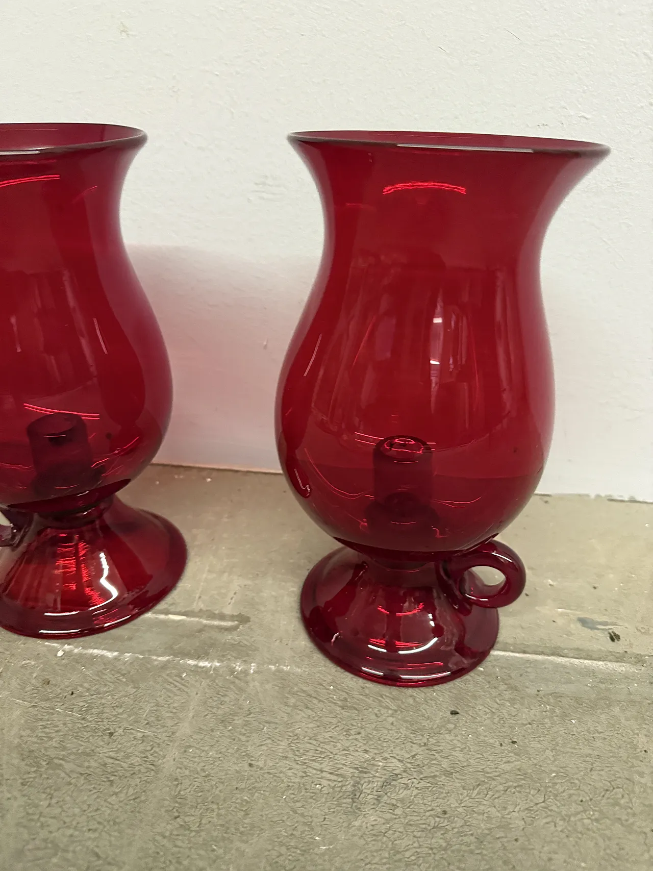 Pair of mid century Murano vases, ruby ​​red with candelabra, 50s 9