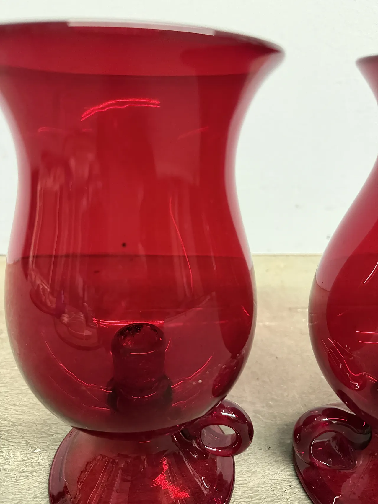 Pair of mid century Murano vases, ruby ​​red with candelabra, 50s 14