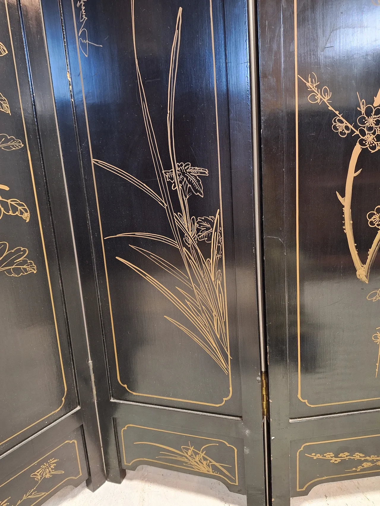 Paravento orientale in lacca con decorazioni in pietra, anni '50 20