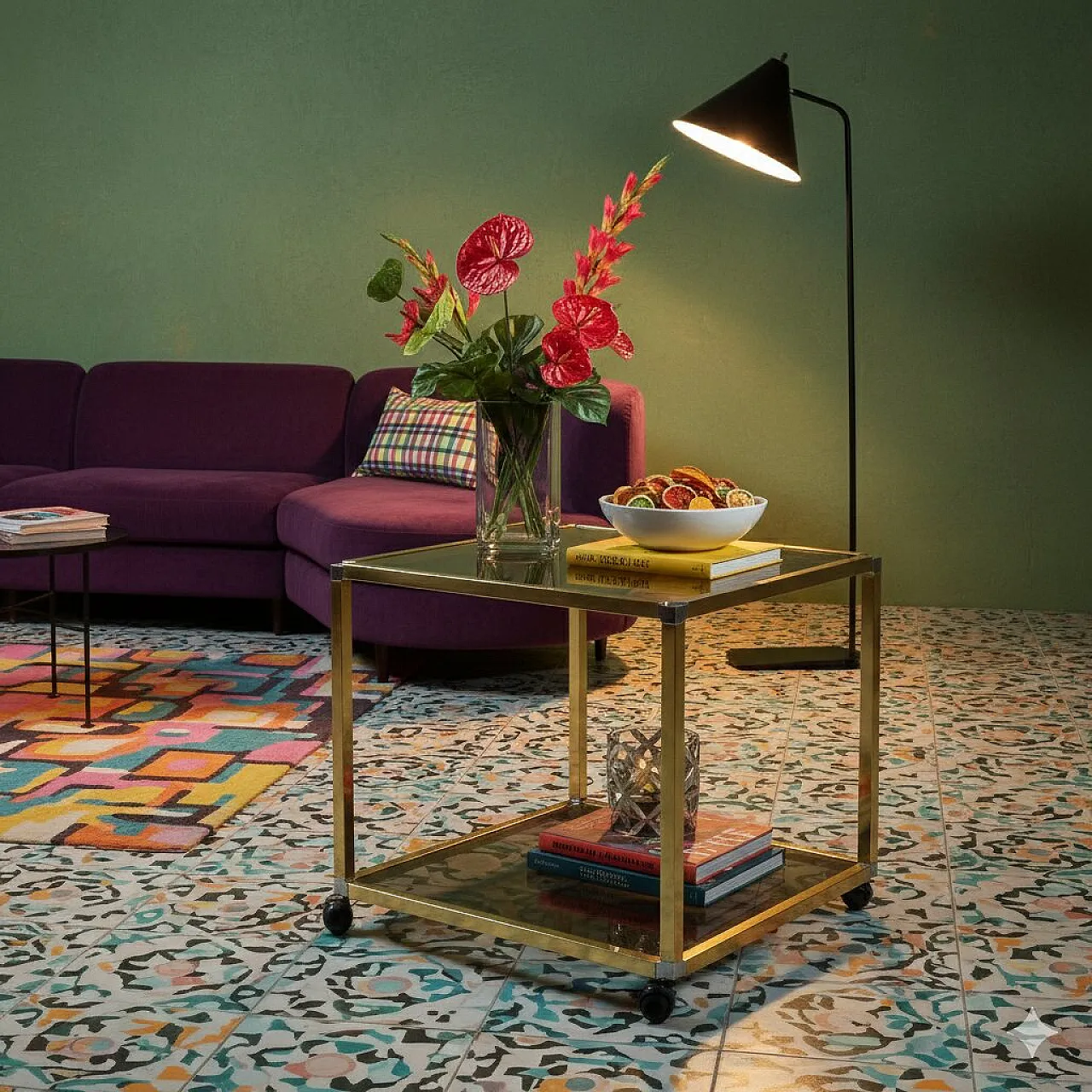 Carrello da cucina con doppio ripiano, ottone e vetro fumé, '900 2