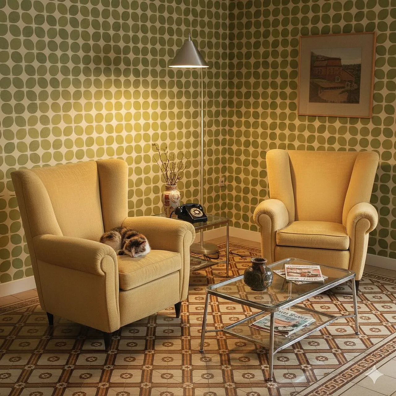 Coppia di poltrone con imbottitura in molle e piuma e tessuto, '900 2