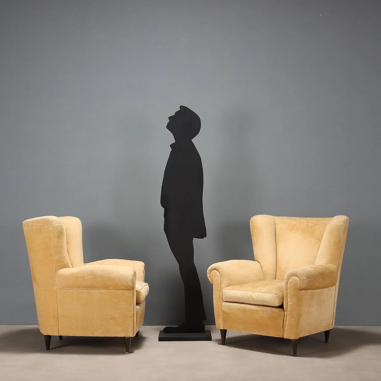 Coppia di poltrone con imbottitura in molle e piuma e tessuto, '900 3