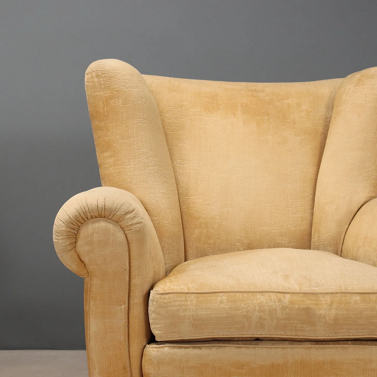 Coppia di poltrone con imbottitura in molle e piuma e tessuto, '900 6