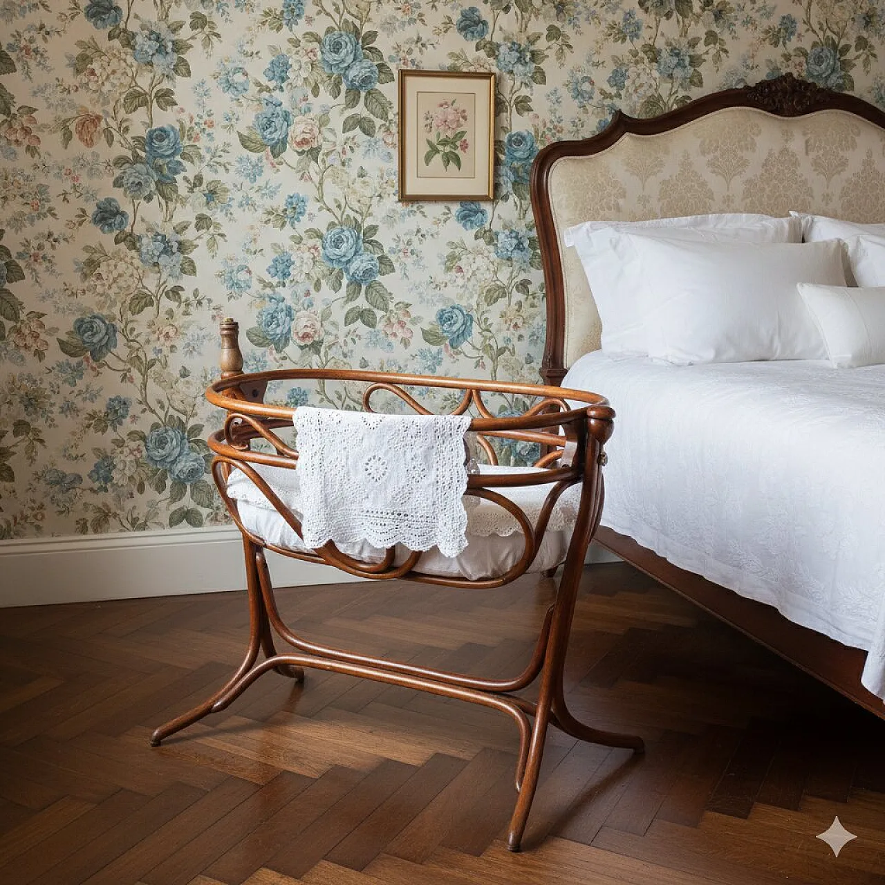 Culla a dondolo in faggio tinto noce in stile Thonet, primo '900 2