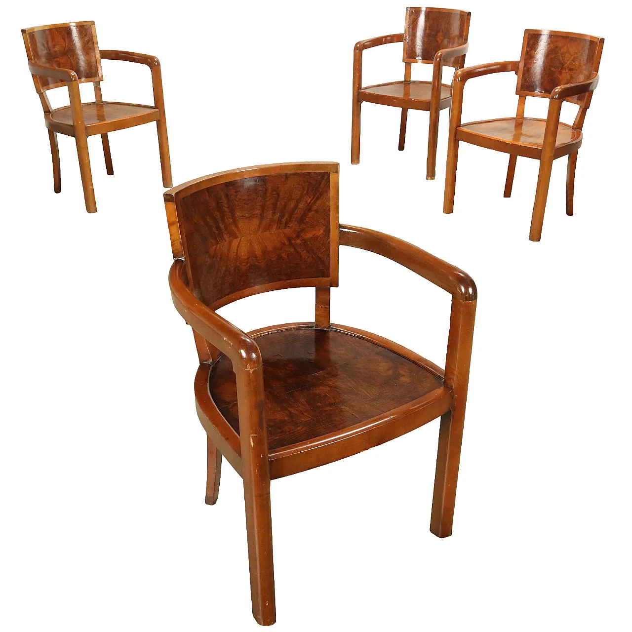 4 Armchairs in stained beech and briar-root veneer, 1940s 1