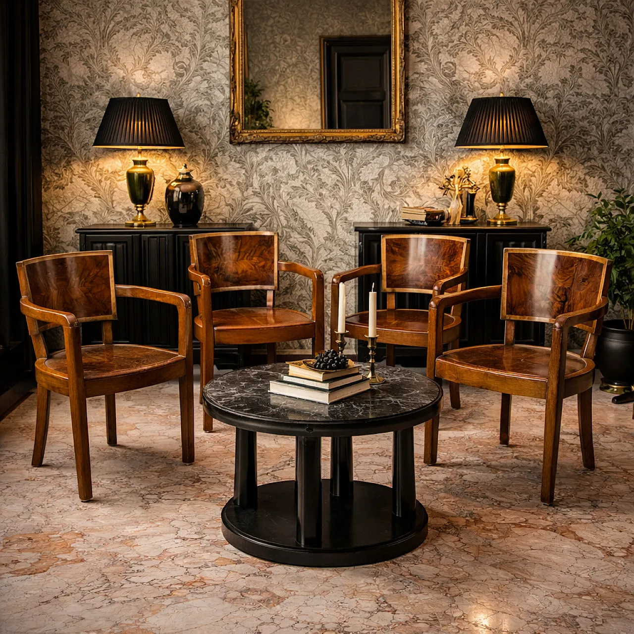 4 Armchairs in stained beech and briar-root veneer, 1940s 2