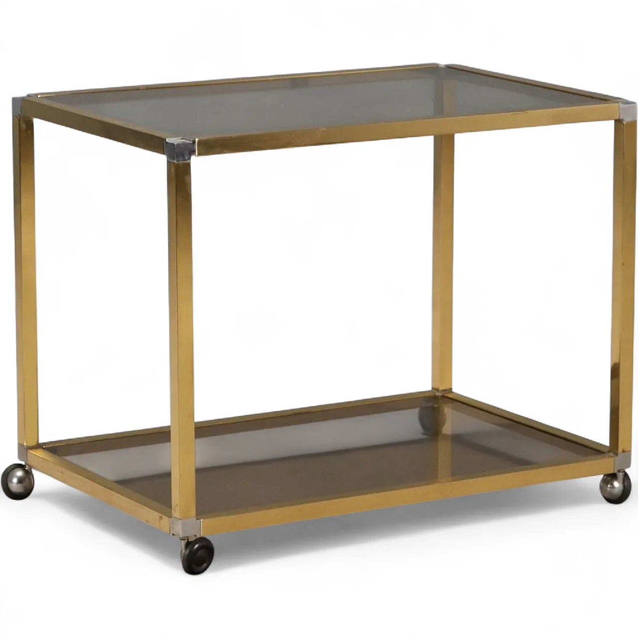 Carrello da cucina con doppio ripiano, ottone e vetro fumé, '900 10