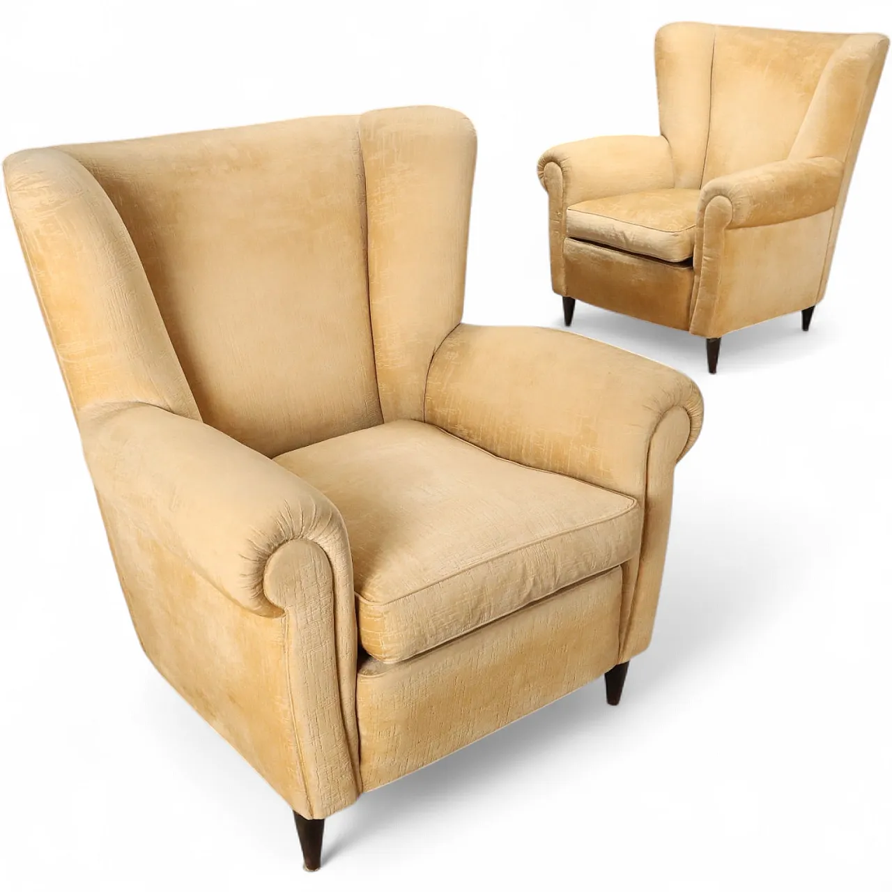 Coppia di poltrone con imbottitura in molle e piuma e tessuto, '900 11