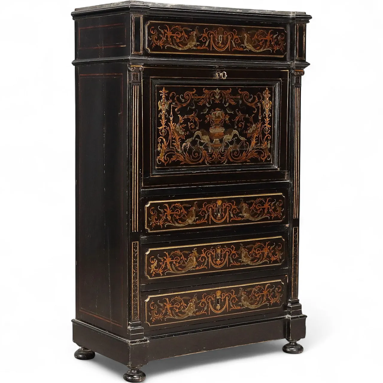Ebonized mahogany and brass foil secretaire, 19th century 11