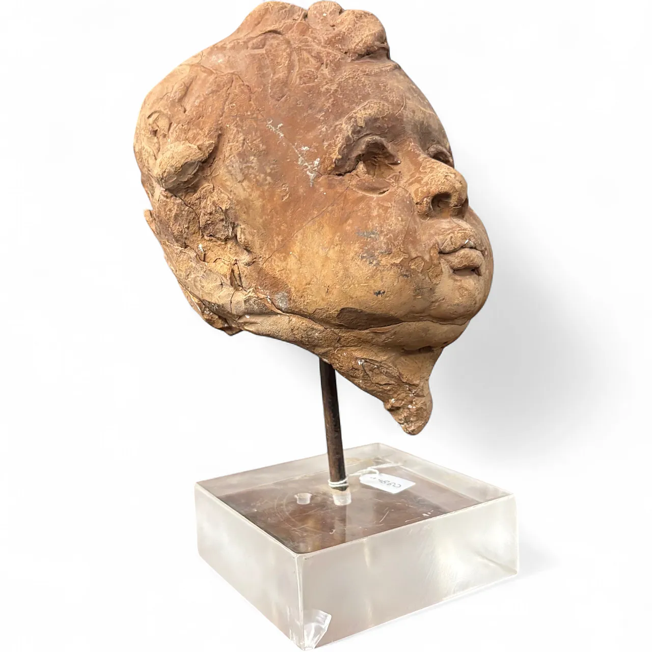 Ancient 19th century terracotta sculpture of the head of an Angel Putto. Size 10