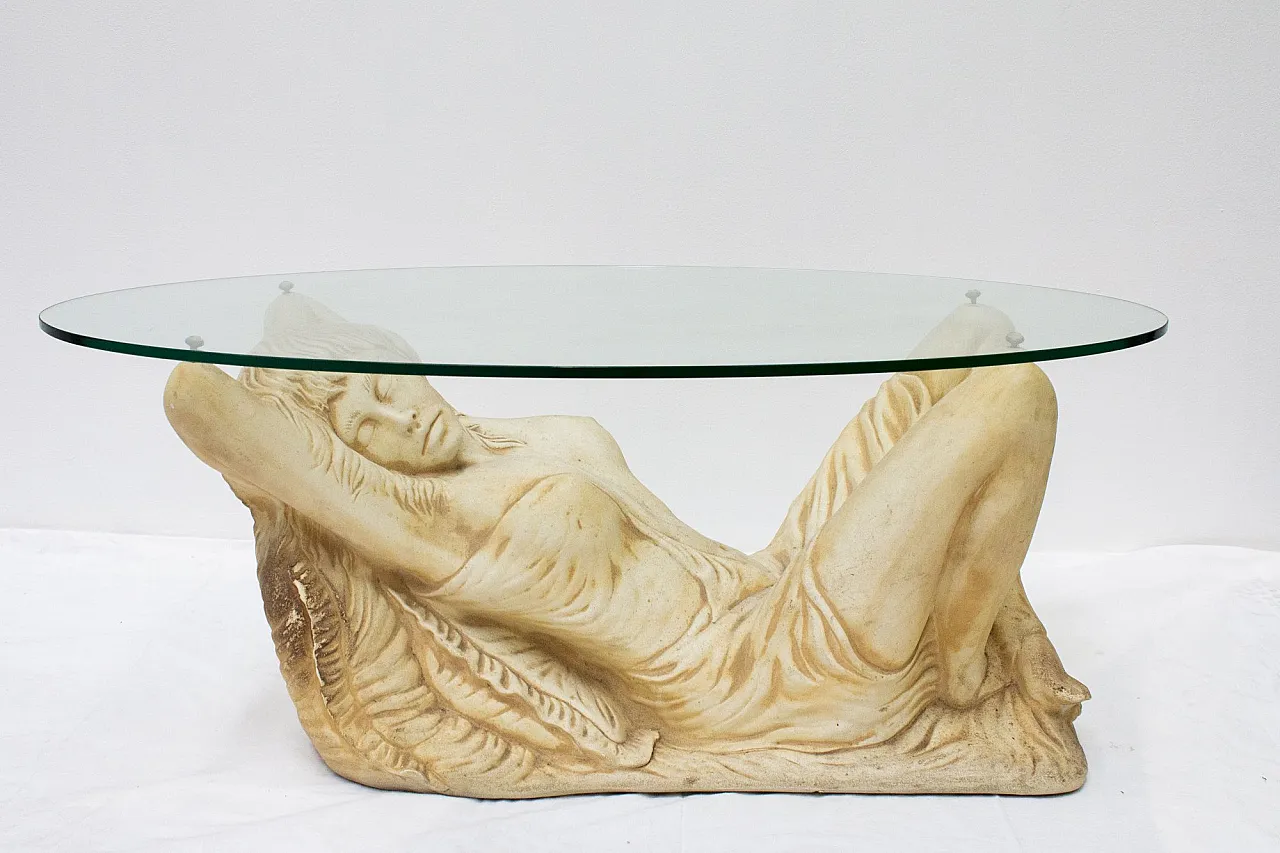 Tavolino in vetro con base in finta pietra, '900 1