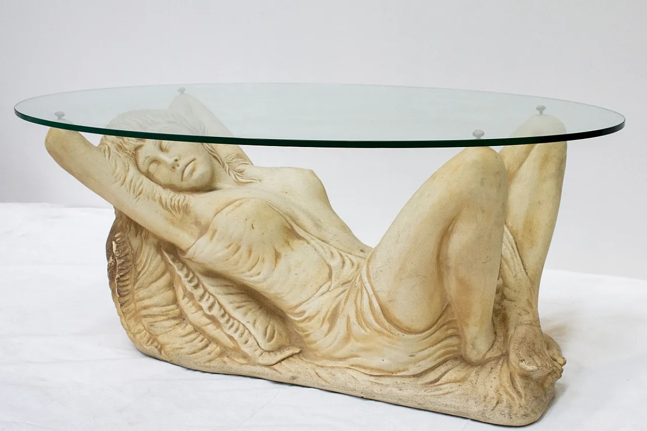 Tavolino in vetro con base in finta pietra, '900 2