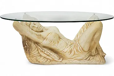 Tavolino in vetro con base in finta pietra, '900