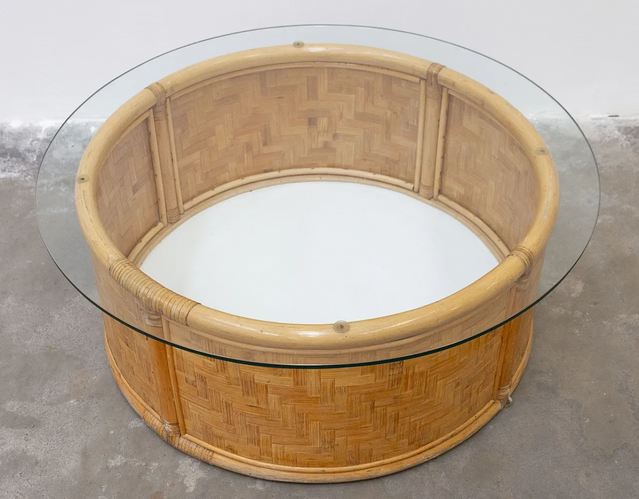 Tavolino contenitore rotondo in bambù e vimini, '900 2