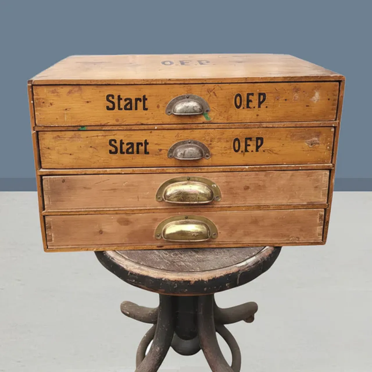 Industrial wooden filing cabinet with stenciled marking, 20th century 1