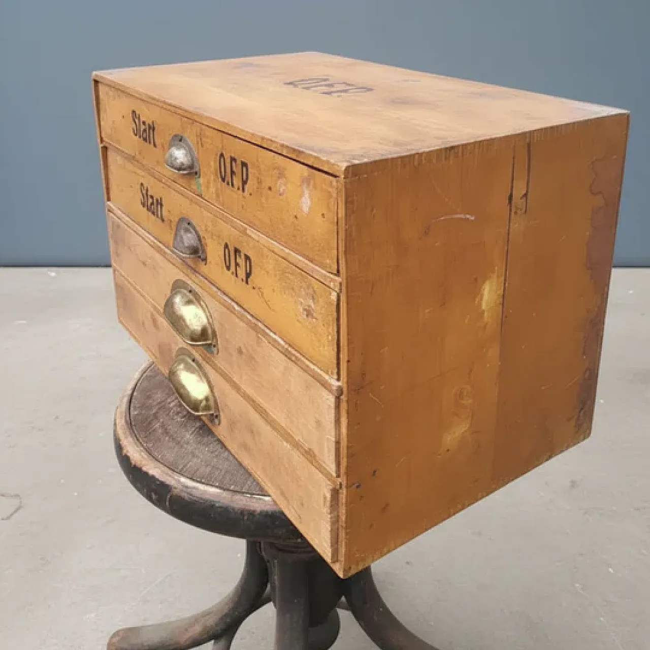 Industrial wooden filing cabinet with stenciled marking, 20th century 2