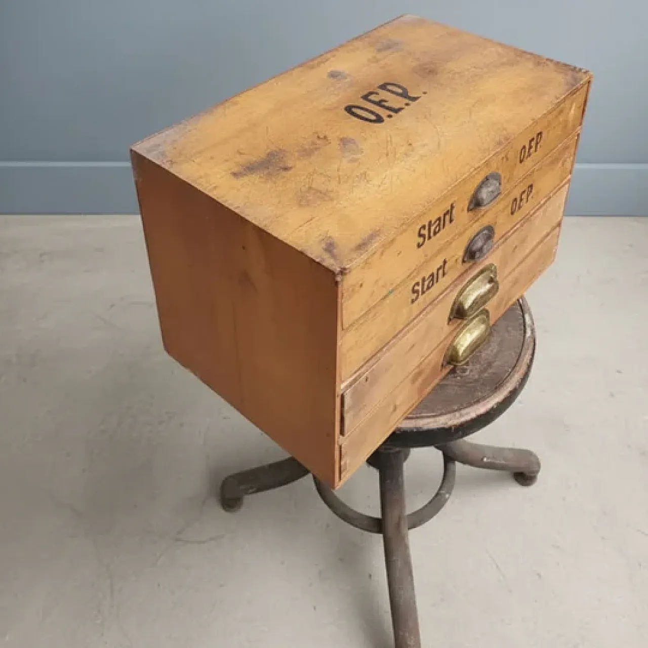 Industrial wooden filing cabinet with stenciled marking, 20th century 3