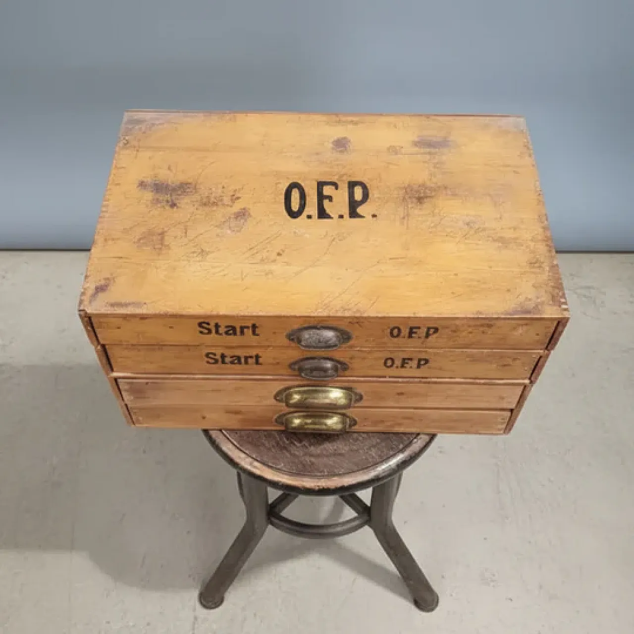 Industrial wooden filing cabinet with stenciled marking, 20th century 4