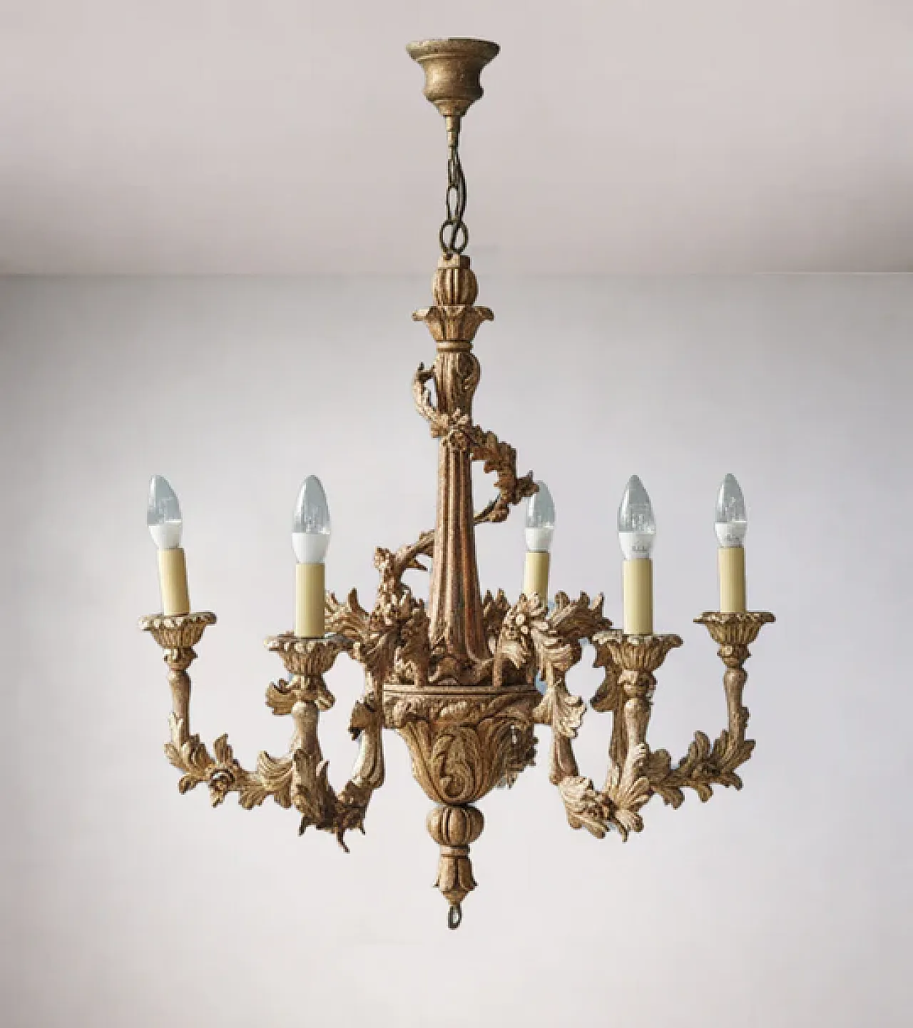 Lampadario a cinque bracci in legno dorato, inizio '900 1