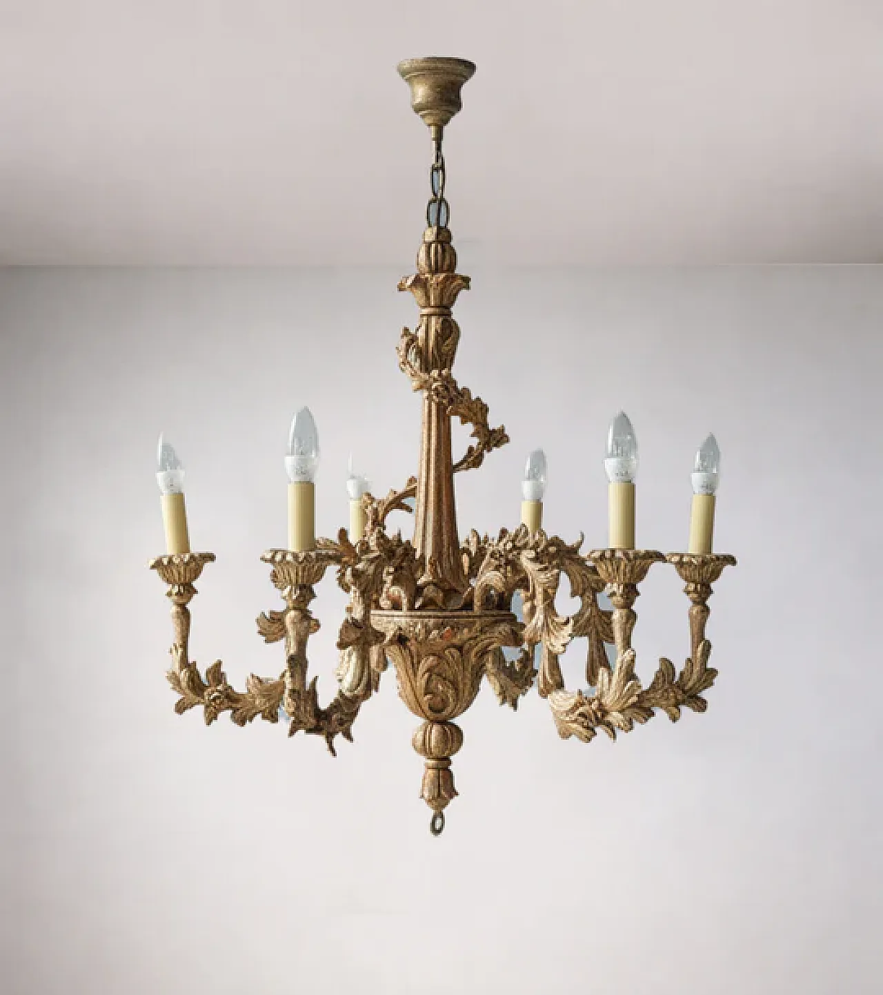 Lampadario a cinque bracci in legno dorato, inizio '900 4