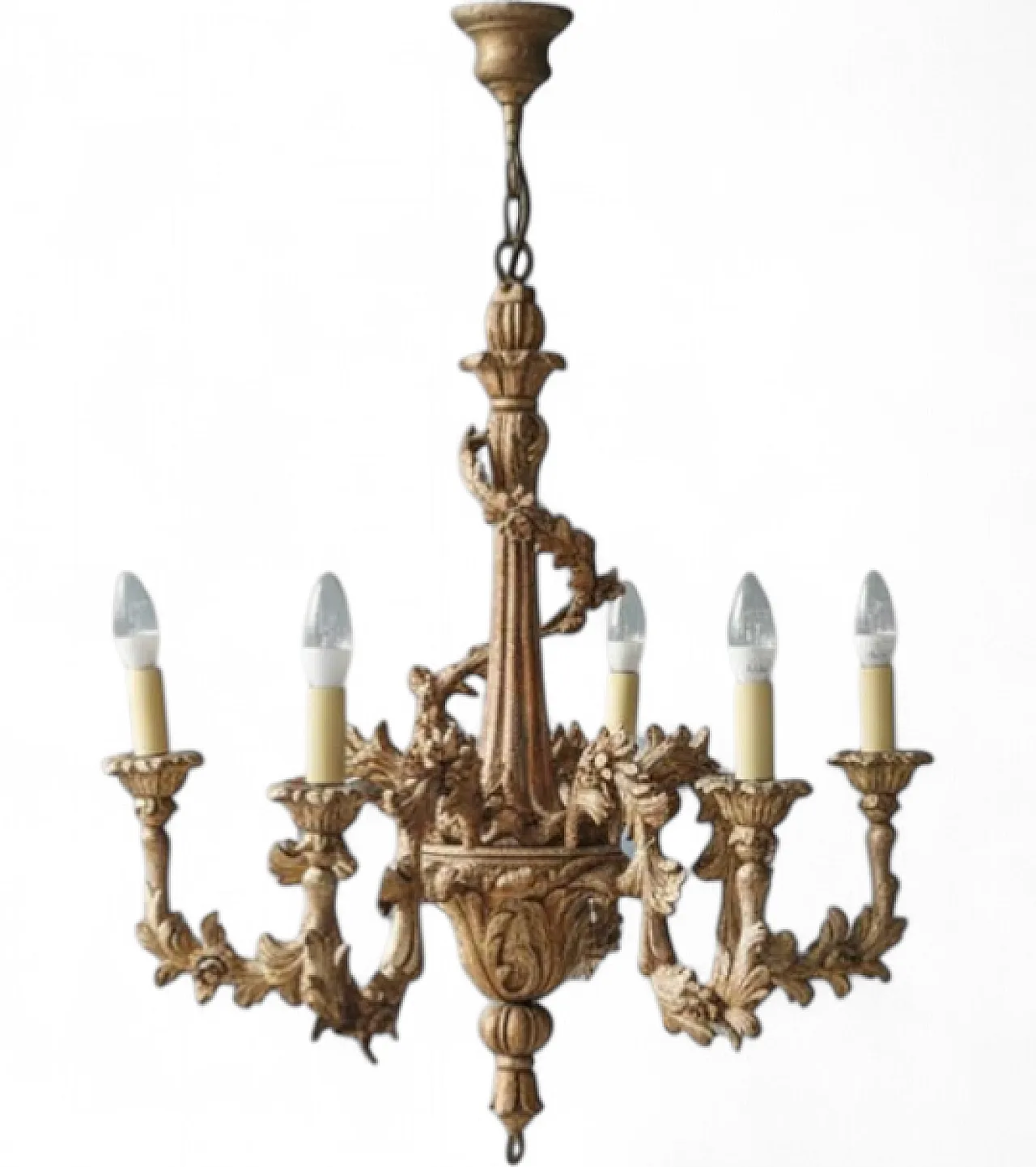 Lampadario a cinque bracci in legno dorato, inizio '900 5