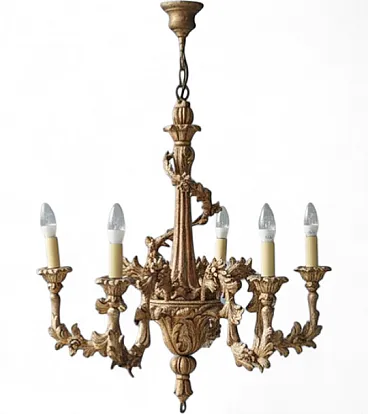 Lampadario a cinque bracci in legno dorato, inizio '900