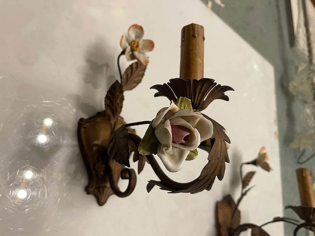 Pair of Tole porcelain flower sconces, 1960s 5