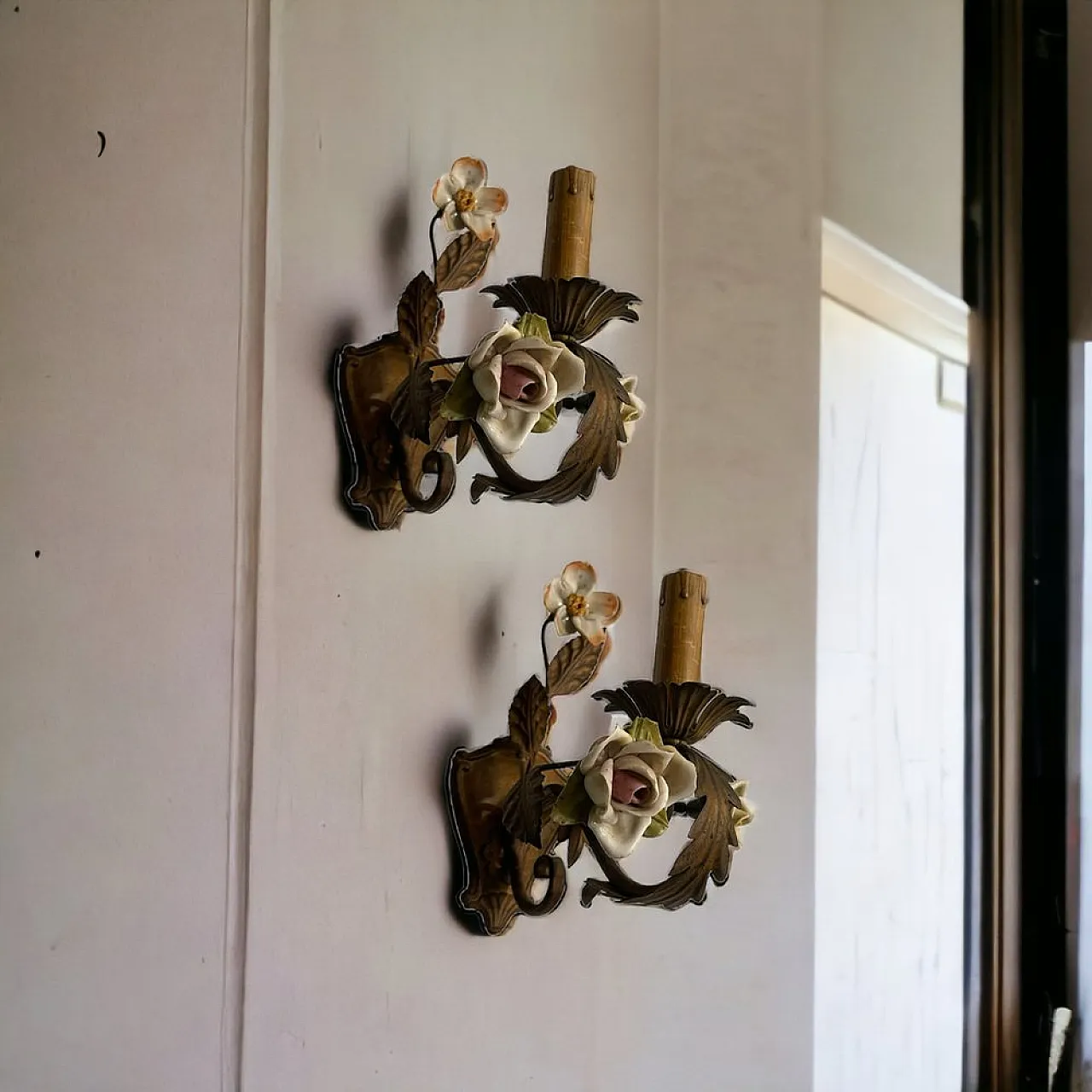 Pair of Tole porcelain flower sconces, 1960s 7