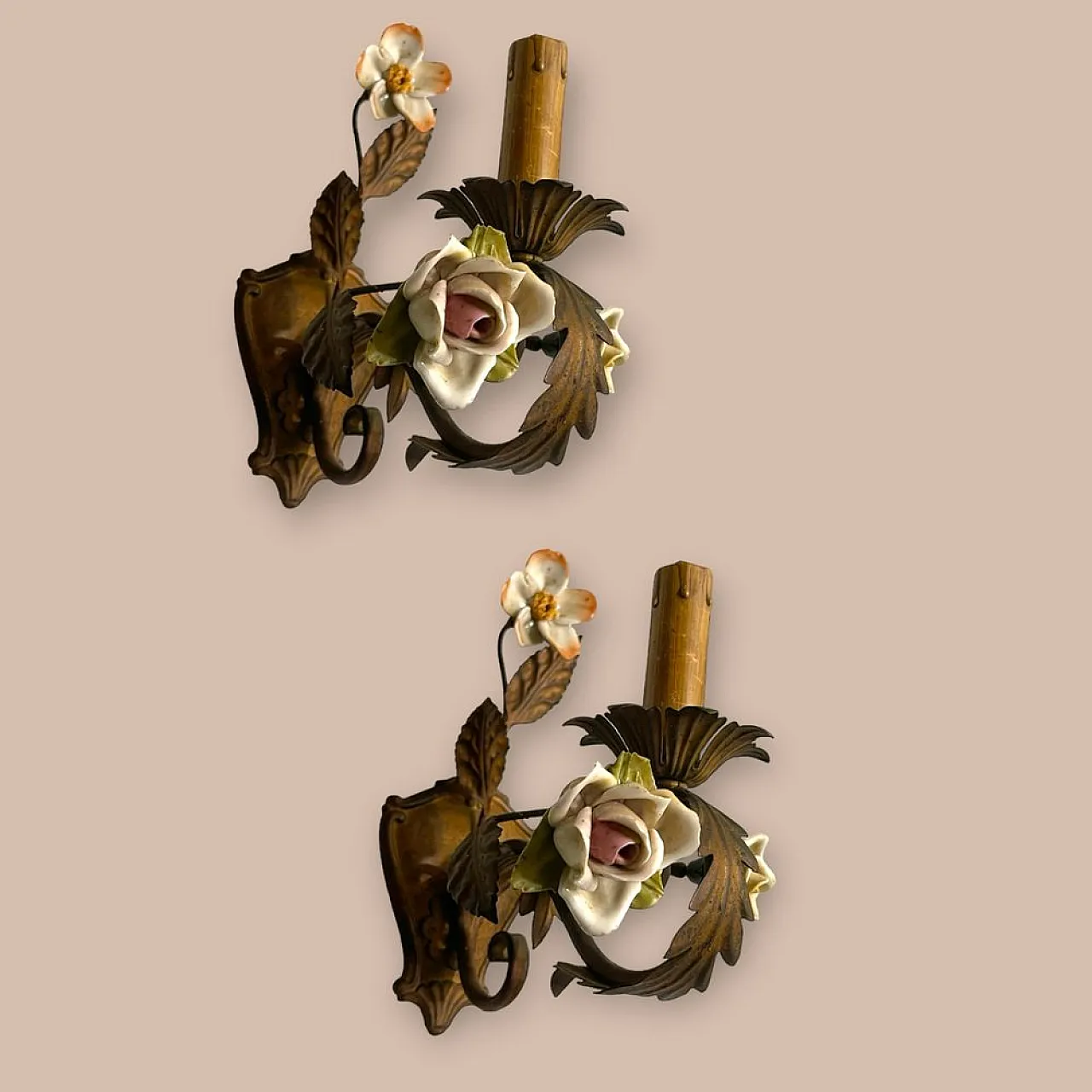 Pair of Tole porcelain flower sconces, 1960s 8
