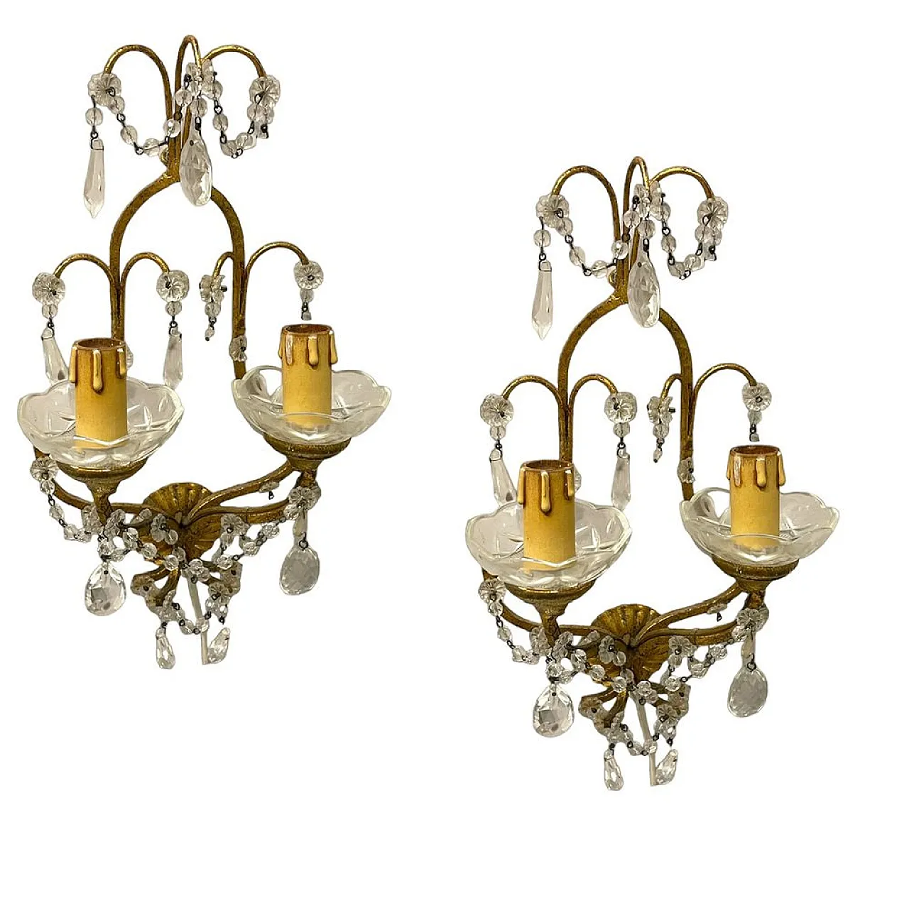 Pair of Florentine gilded crystal sconces, 1960s 1