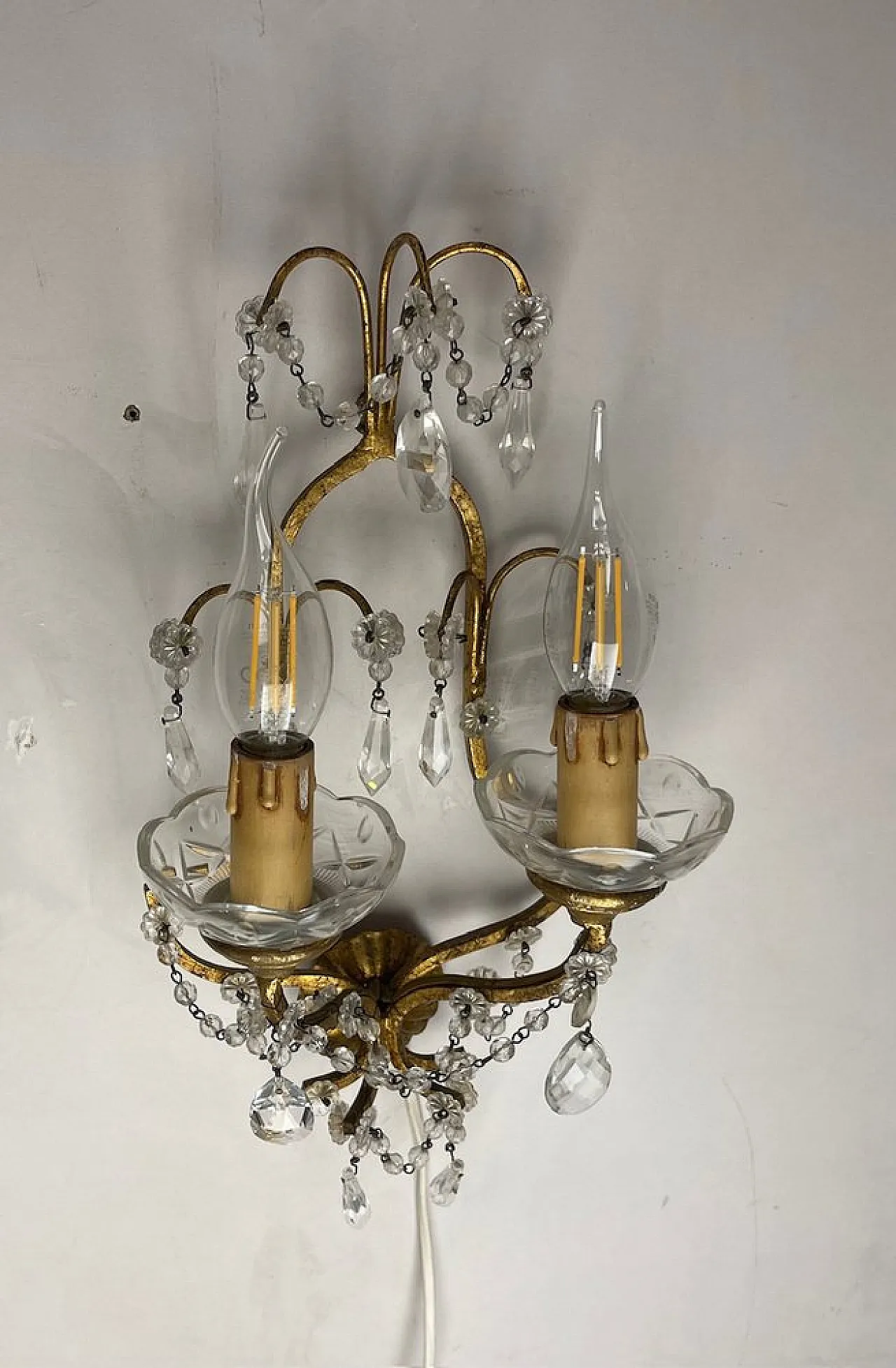Pair of Florentine gilded crystal sconces, 1960s 3