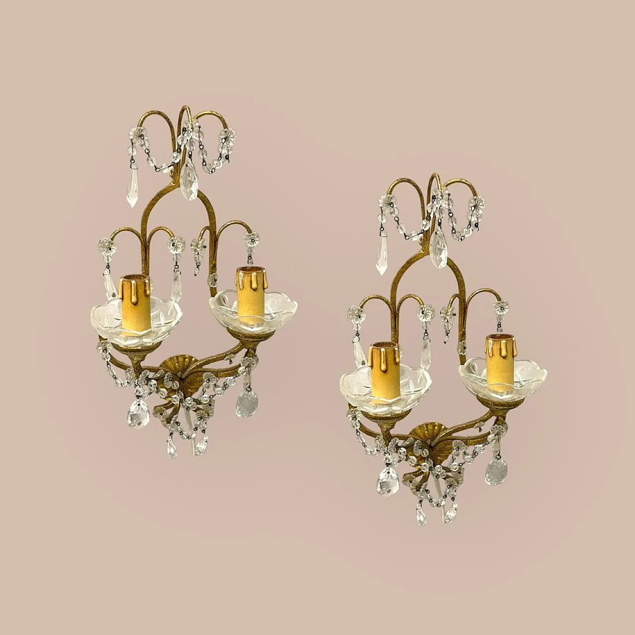 Pair of Florentine gilded crystal sconces, 1960s 6