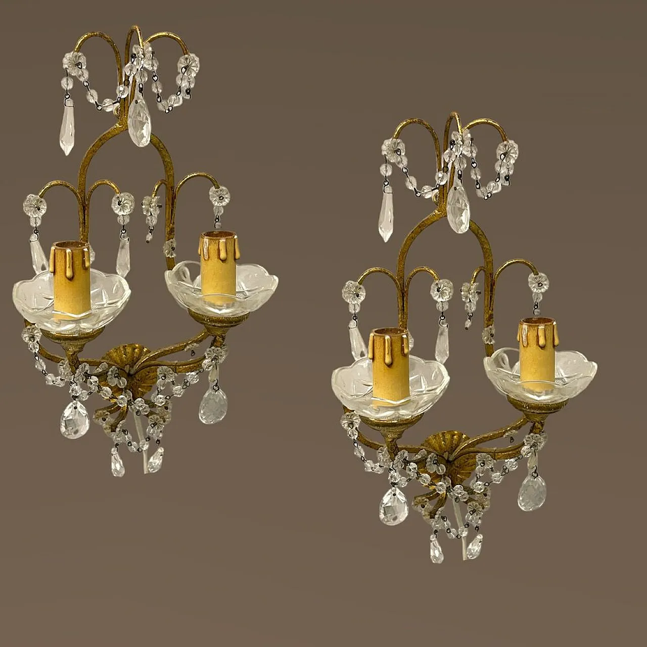 Pair of Florentine gilded crystal sconces, 1960s 9