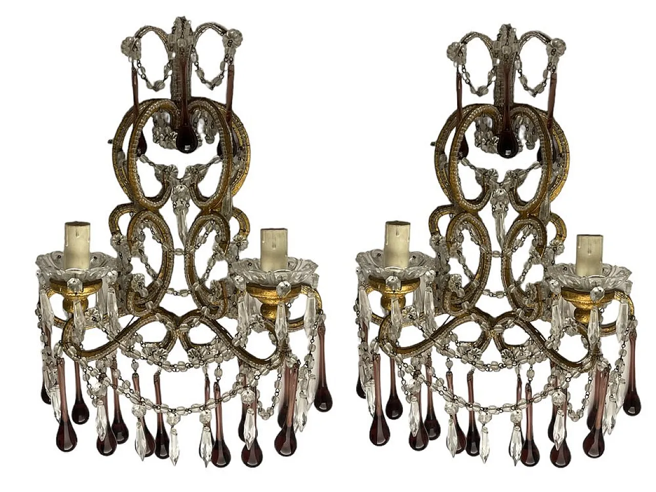 Pair of Maccheroni applique in Murano glass with crystal beads, 1950s 1