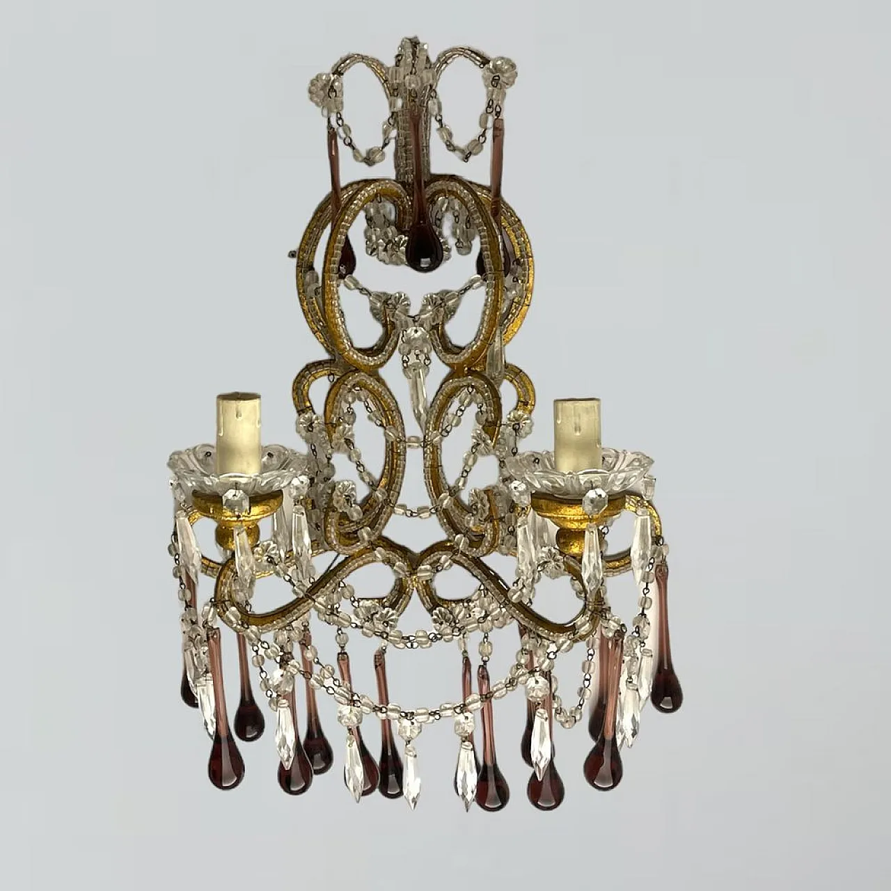 Pair of Maccheroni applique in Murano glass with crystal beads, 1950s 2
