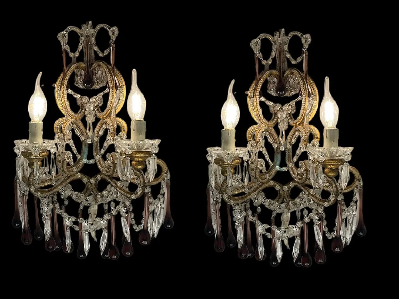 Pair of Maccheroni applique in Murano glass with crystal beads, 1950s 4