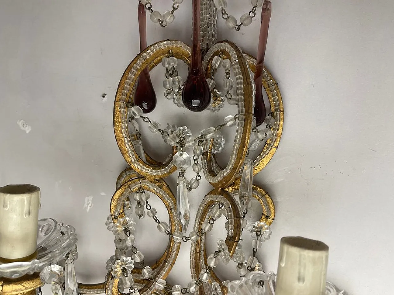 Pair of Maccheroni applique in Murano glass with crystal beads, 1950s 6