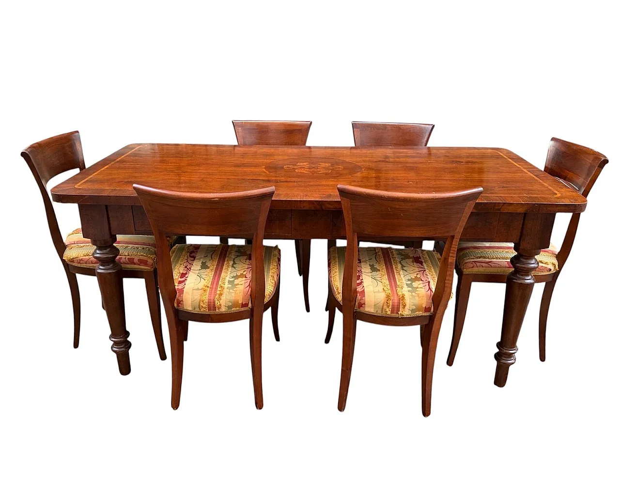 Inlaid wooden dining table with 6 chairs, 1950s 1