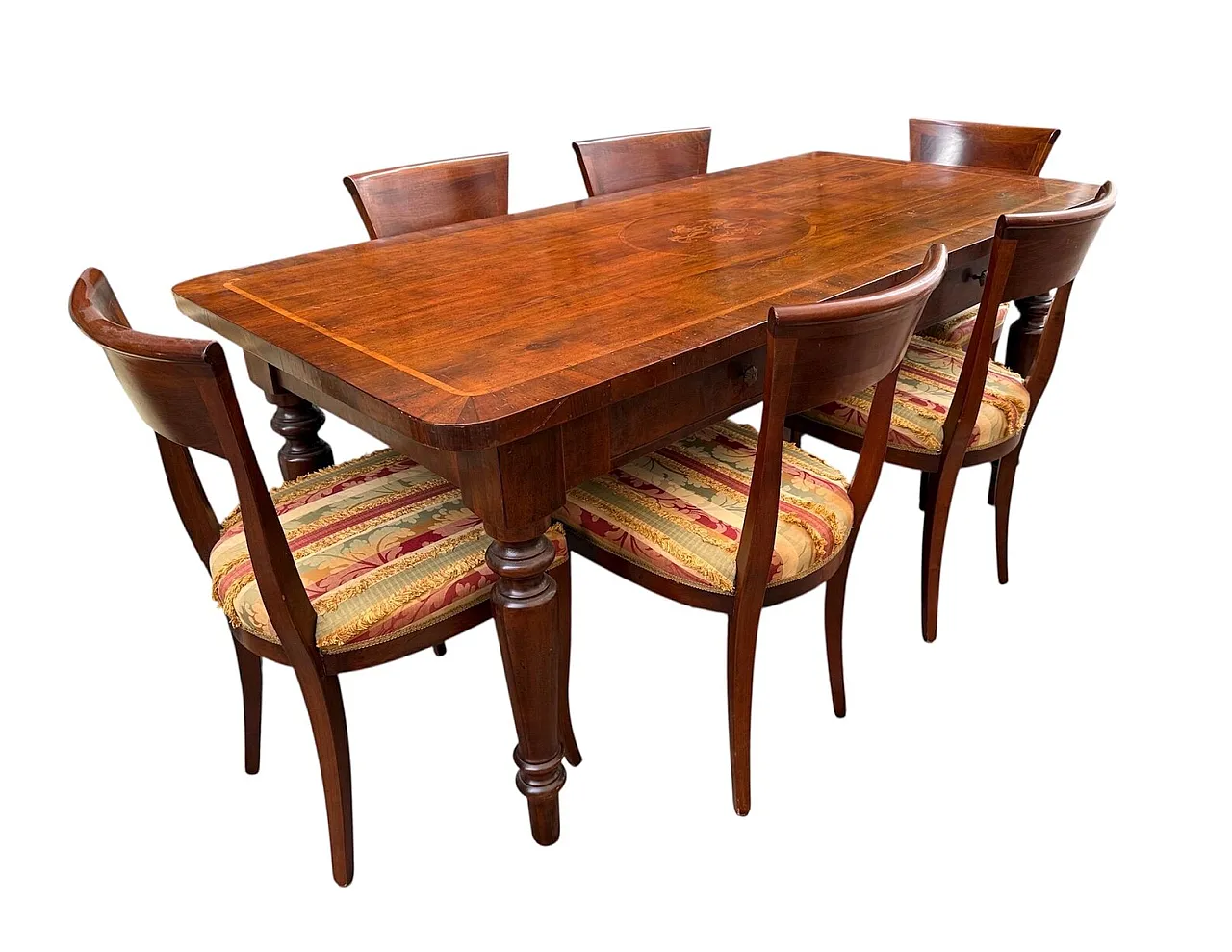 Inlaid wooden dining table with 6 chairs, 1950s 2