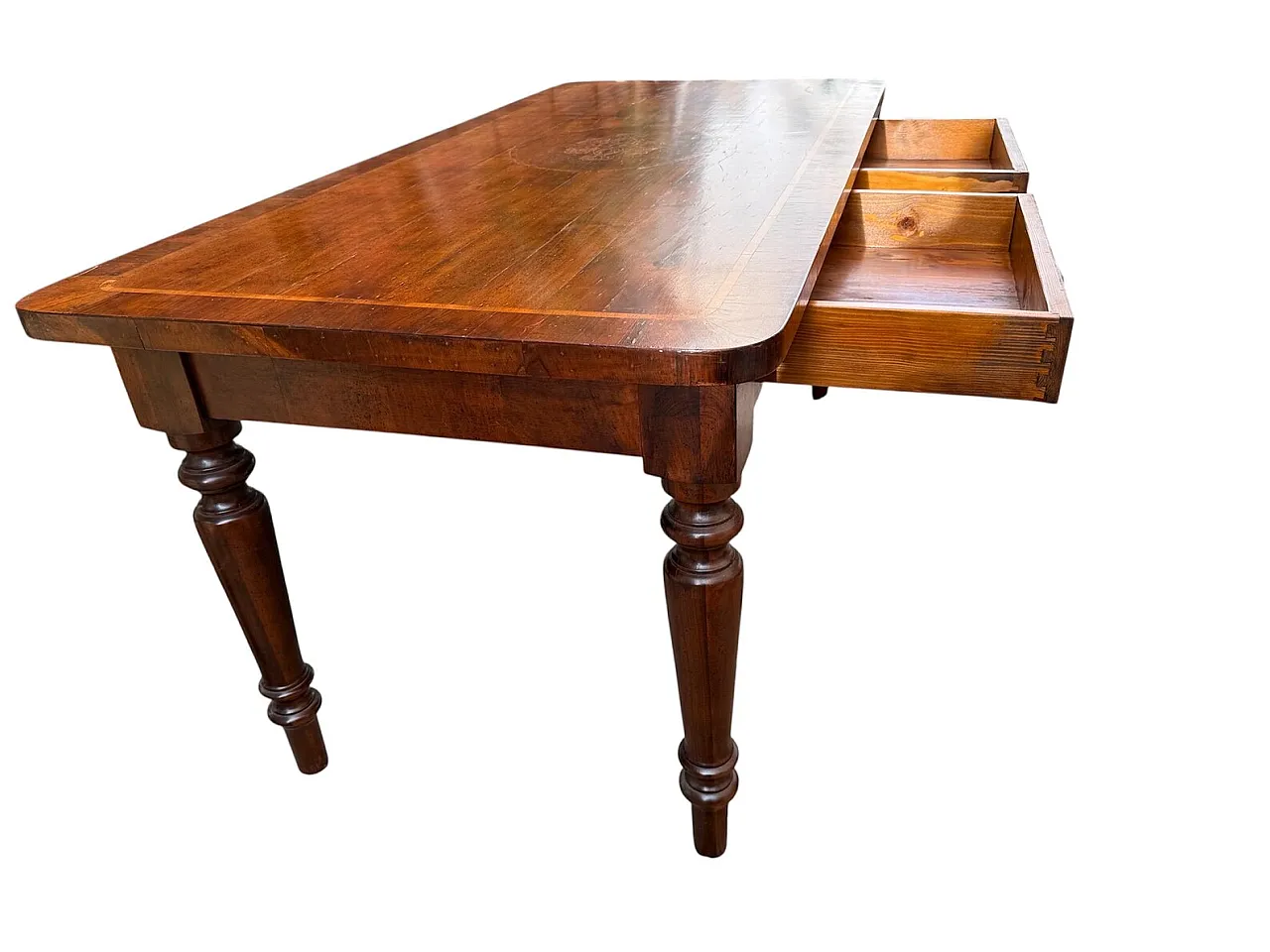 Inlaid wooden dining table with 6 chairs, 1950s 4